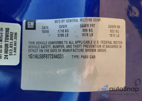 2007 Chevrolet Cobalt Lt z USA, uszkodzony, nr VIN 1G1AL58F877244331